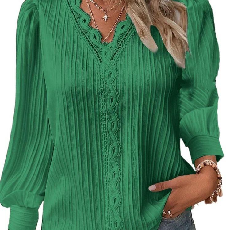 Women Fashion V Neck Blouse Long Sleeve Pullover Shirt Casual Solid Color Print Spring Fall Tops