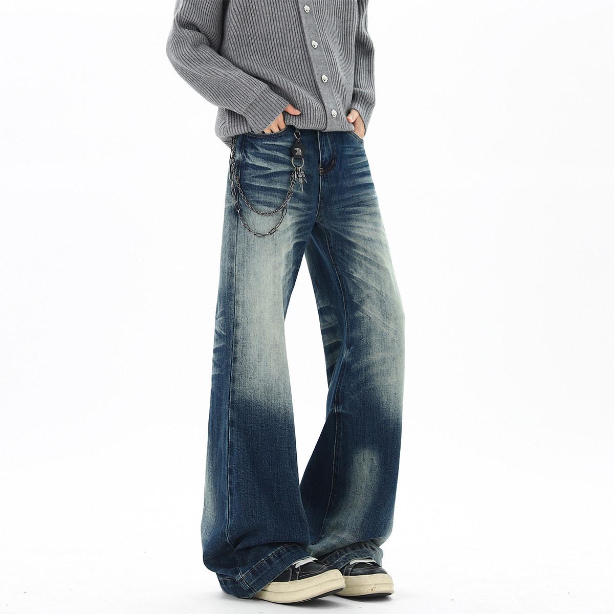 Men s Washed Denim Jeans - Straight, Loose, Wide Leg, Micro Flare Casual Pants XXXL синий