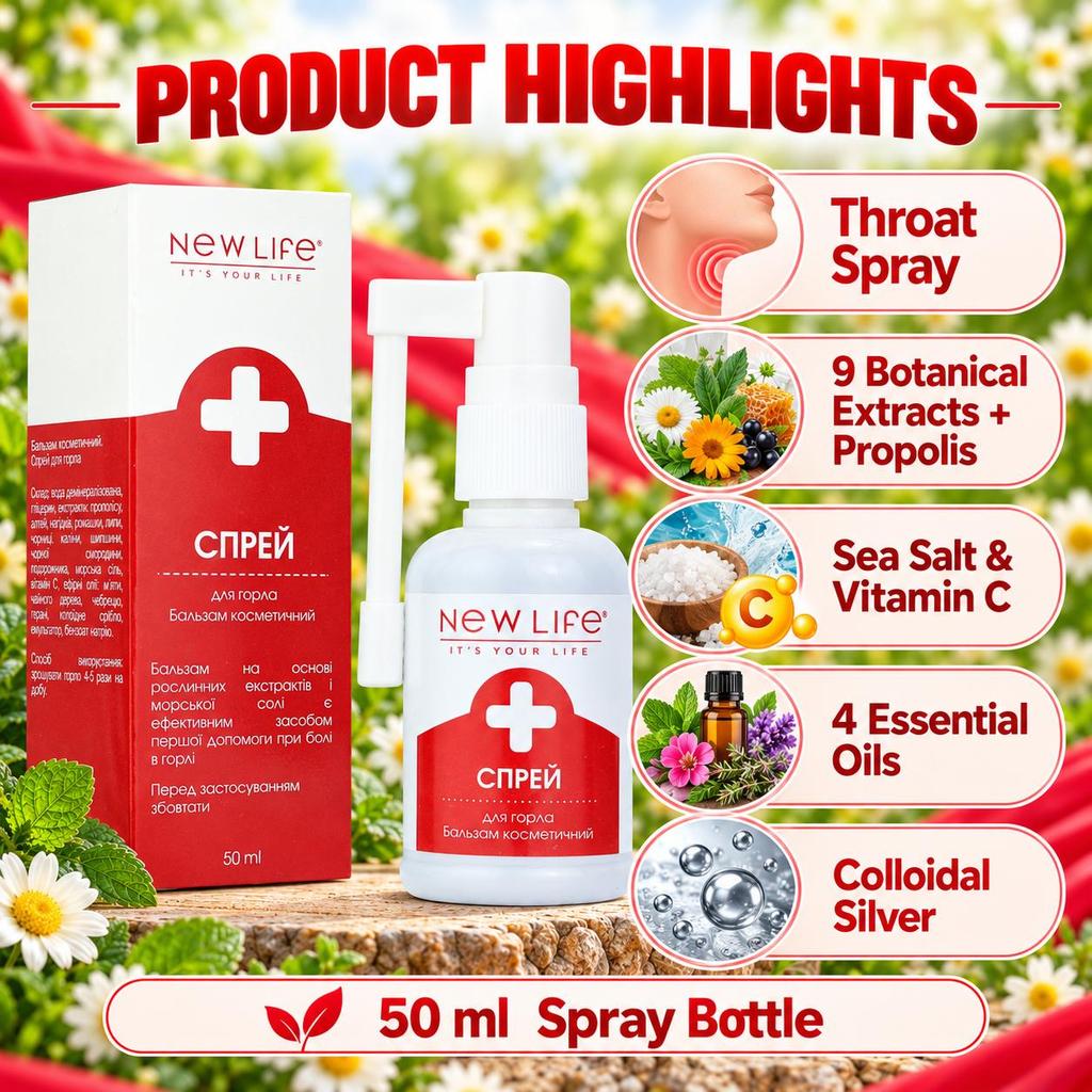 New Life Throat Spray, Cosmetic Balm with Plant Extracts, Propolis, Sea Salt and Colloidal Silver, 50 Ml