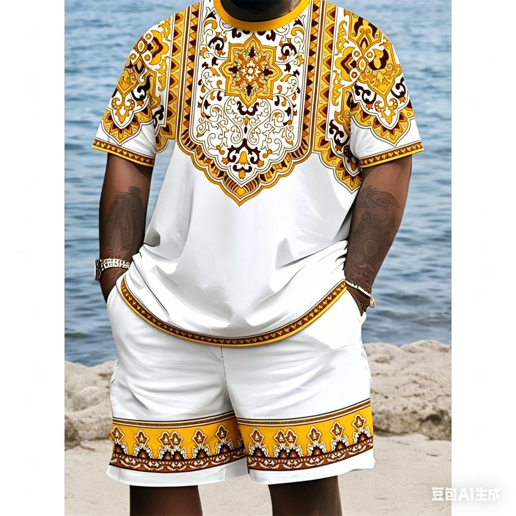 Men's Plus Size 3D Digital Print Short Sleeve Shorts Set, Ethnic Style, PLUS SIZE