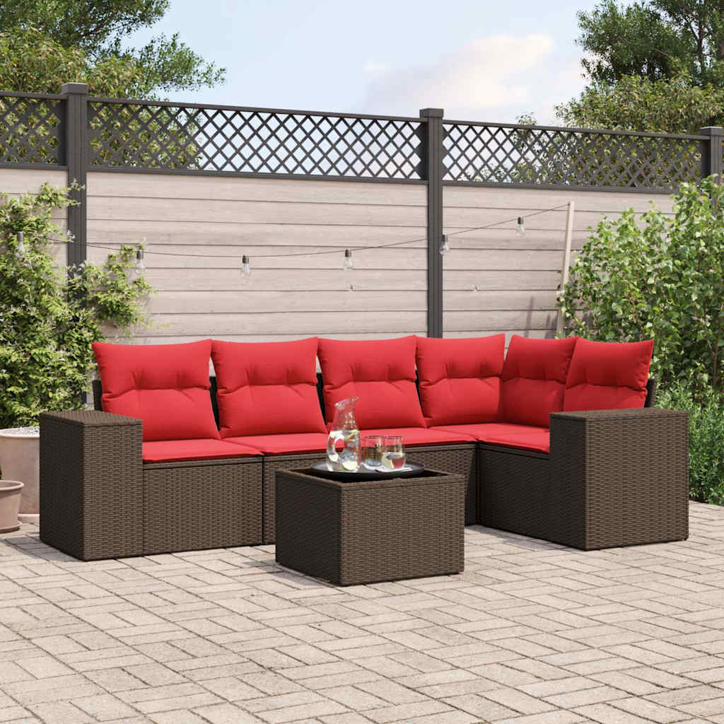 6 Piece Garden Sofa Set with Cushions Brown Poly Rattan