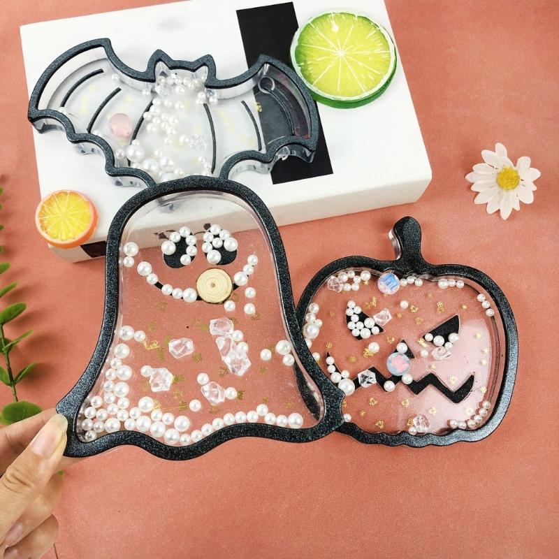Fruit Wine Cup Tray Mold Halloween Pumpkin Bat Silicone Epoxy Resin Coaster Mold Used To Make Agate Pieces Coasters