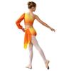 Children‘s Sparkle Gradient Rhinestone Dancewear One Shoulder Long Puff Sleeve Top with Applique Asymmetrical Draped Skirt for Recital Performance