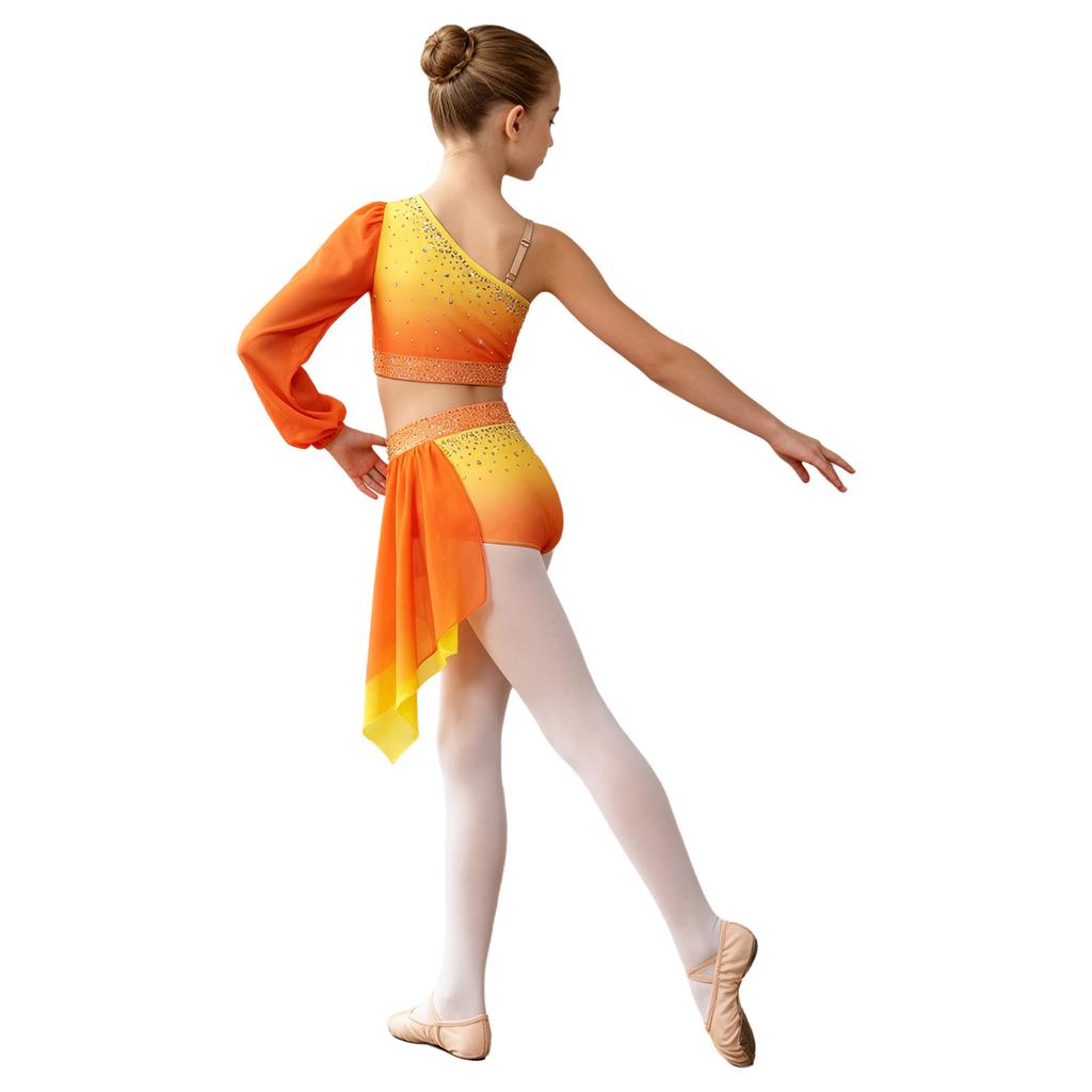 Children‘s Sparkle Gradient Rhinestone Dancewear One Shoulder Long Puff Sleeve Top with Applique Asymmetrical Draped Skirt for Recital Performance