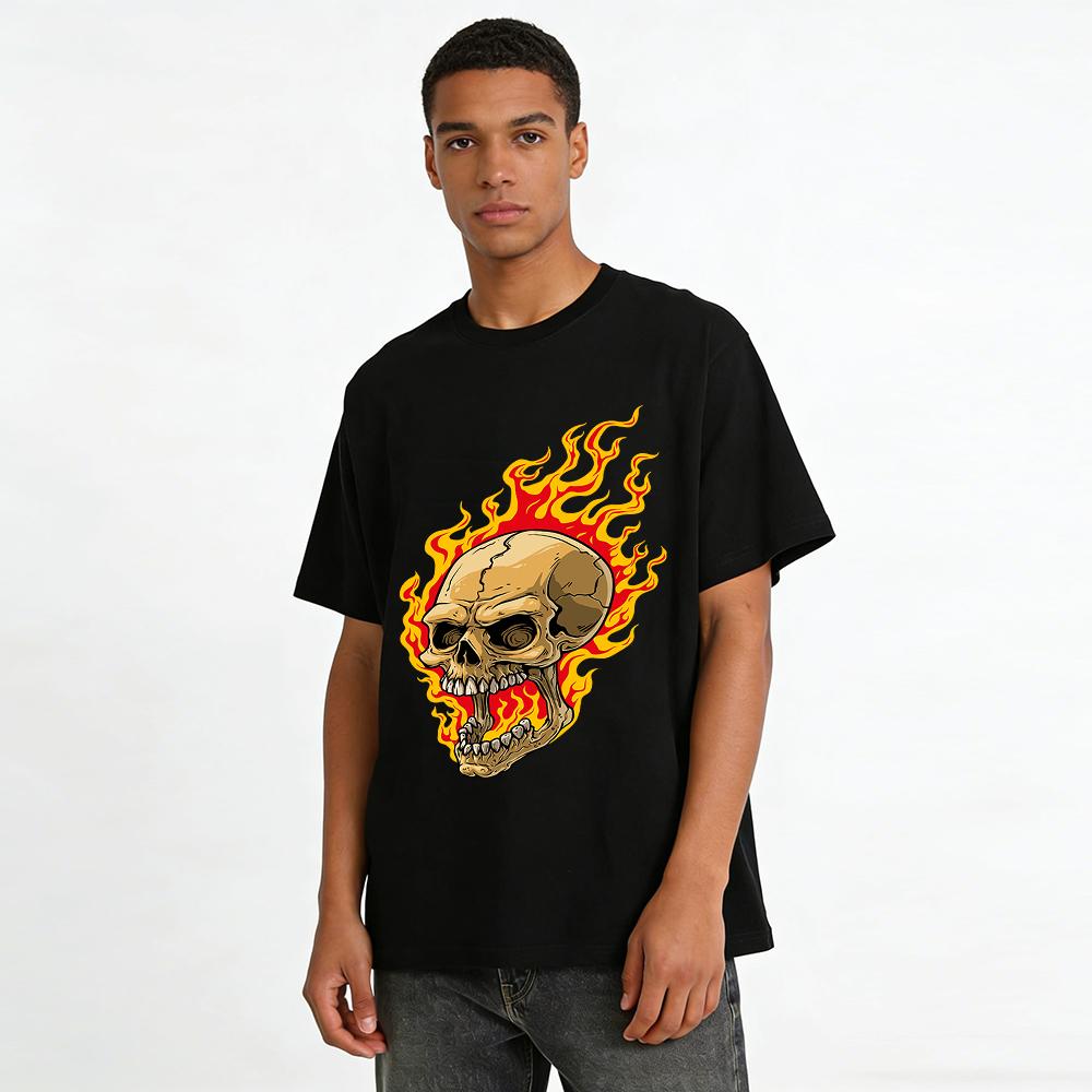 Flaming Skull Graphic Print Cool Street Style Casual Men's T-Shirt Pure cotton T-shirt