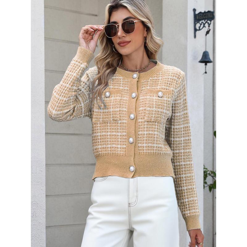 Women's Plaid Knitted Cardigan Small Fragrance Style Elegant Coat Pearl Button Fashion Sweater for Women
