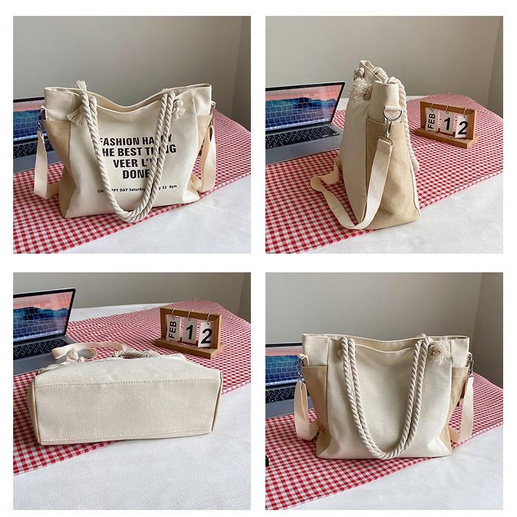 Women Canvas Tote Bag Large Capacity Shoulder Crossbody Bag Casual Letter Print Handbag Rope Handle Shopping Travel Tote