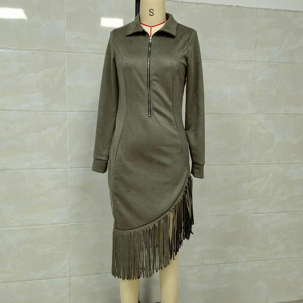 2025 Western Cowboy Style Suede Tassel Slim Fit Long Sleeve Dress