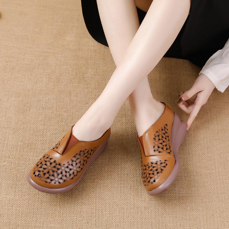 Top Layer Cowhide Sponge Sole Heightened Women's Shoes Casual Leather Hollow Women's Slippers Middle-aged Breathable and Comfortable Hole Shoes