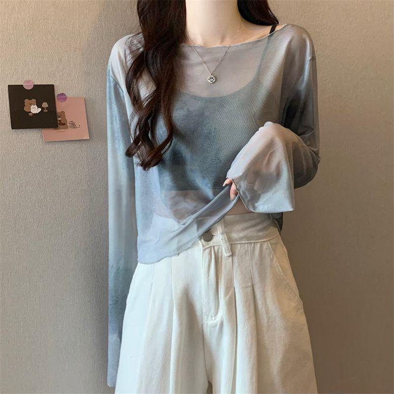 Sommer Gradient Batik Sonnenschutz T-Shirt Überwurf Reiner Wunsch Stil Durchsichtig Kurz Vielseitiges Oberteil