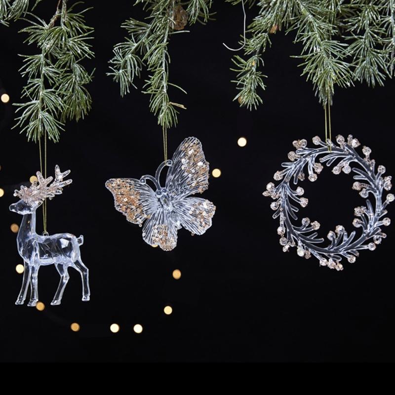 Clear Acrylic Deer Snowflake Christmas Tree Hanging Ornament with Sparkling Glitters Design for Festival Decors