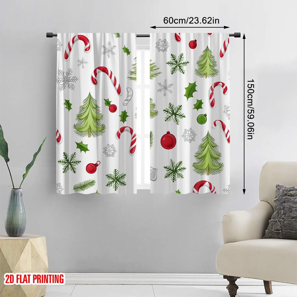 2pcs,2D Plane Printing Popular Curtains Christmas Baubles Trees Candy Canes (2) Polyester (without Rod) Festive Ldeal for