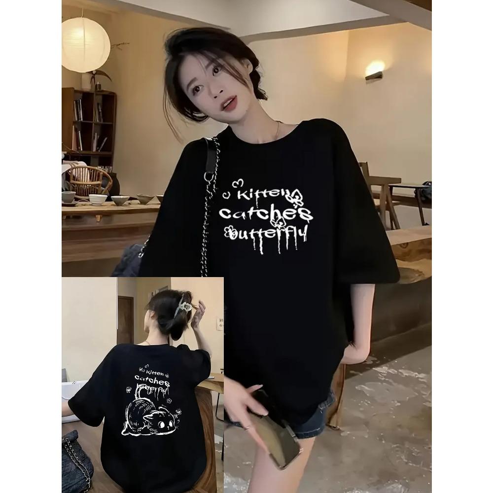 

Women Clothing Casual Sleeves Tshirt Fun No Life Without Kitchen Cat Printing Spring Harajuku Sleeve Casual Clothes 3XL