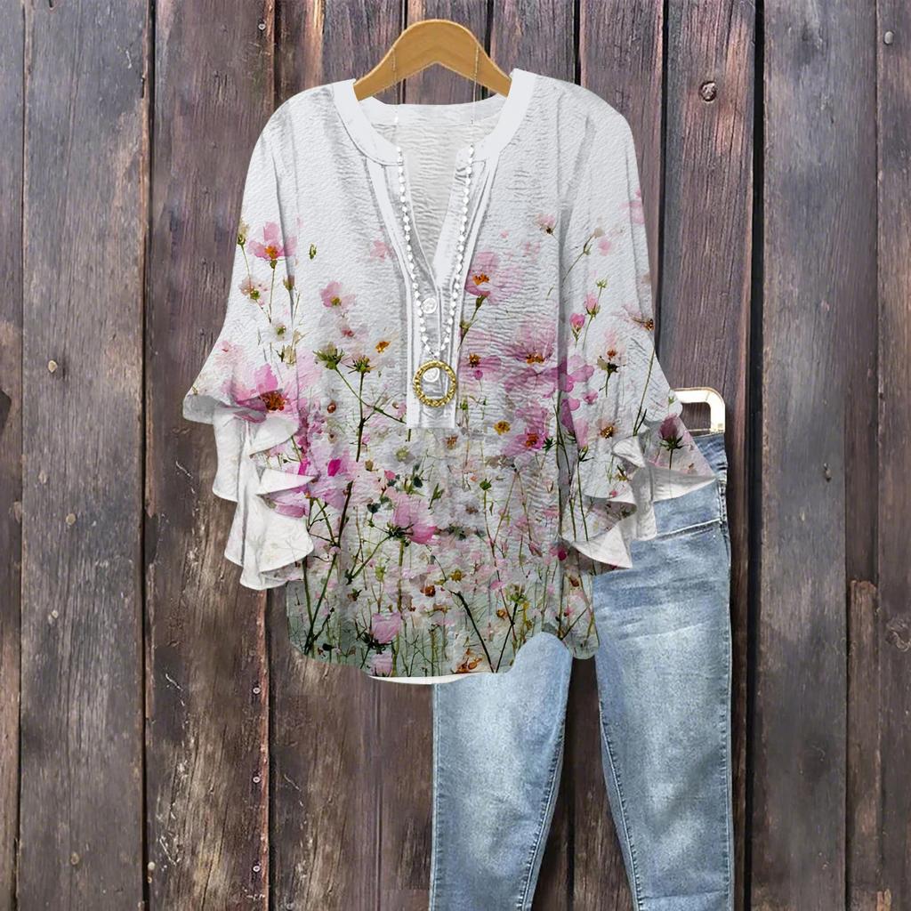 Women's Fashion Button V-Neck Ruffle Seven Sleeve Blouse Floral Printed Top