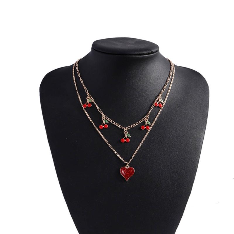 Trendy INS Style Neck Chain Jewelry Sweet Cool Double Layer Necklace with Lovely Cherry/Grape and Heart Pendant Charm