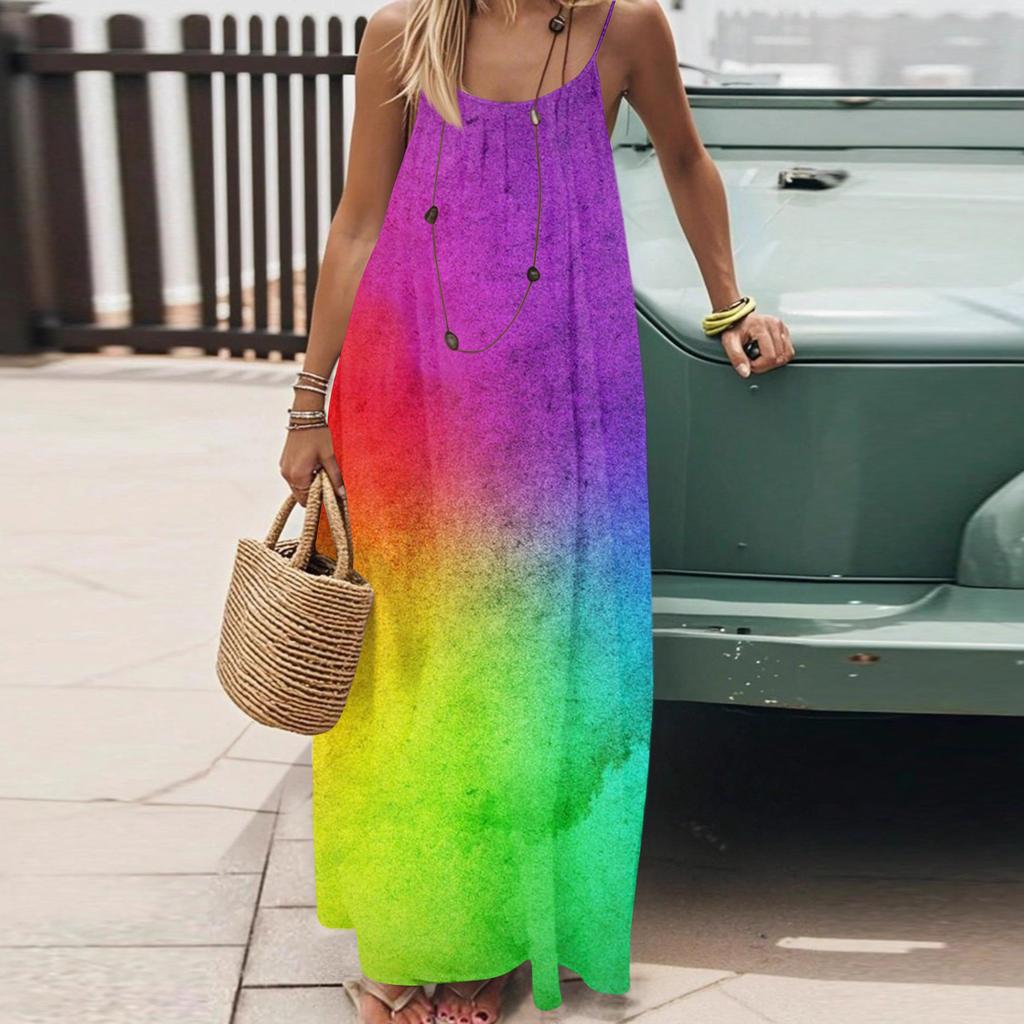 Dámské Módní Ležérní Volné Šaty s Květinovým Potiskem a Úzkými Ramínky Bez Zad