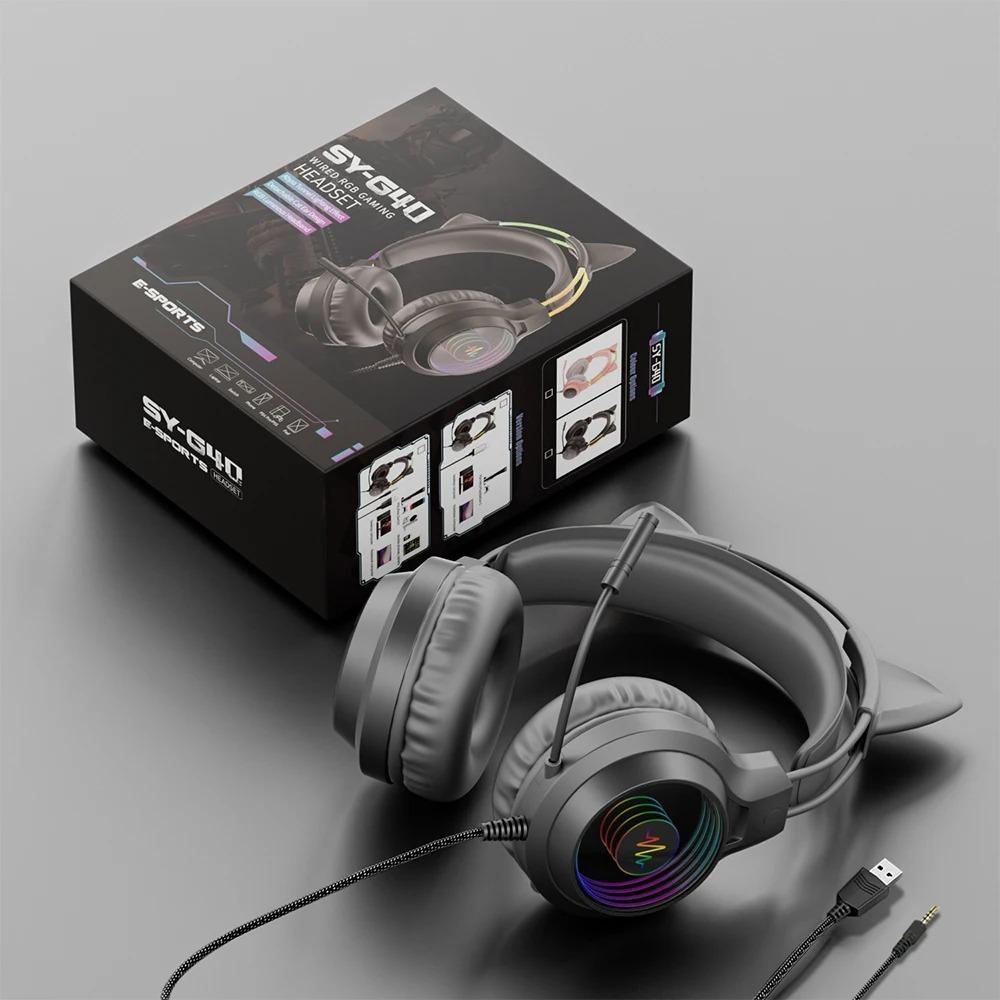 SY-G40 3,5 mm USB-kabelanslutet styrt headset Dragon Eyes Luminous Gaming Söta kattöron Huvudmonterade datorhörlurar med mikrofon För PC Bärbar dator
