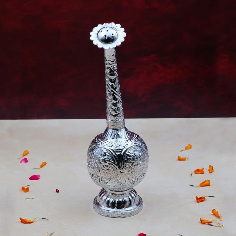 Traditionelles Messing mit Silbernen Gulab Pash | Rosenwasser- und Heiliges Gangajal- sowie Parfümzerstäuber für Pooja & Hochzeit, Dekoratives Ausstellungsstück