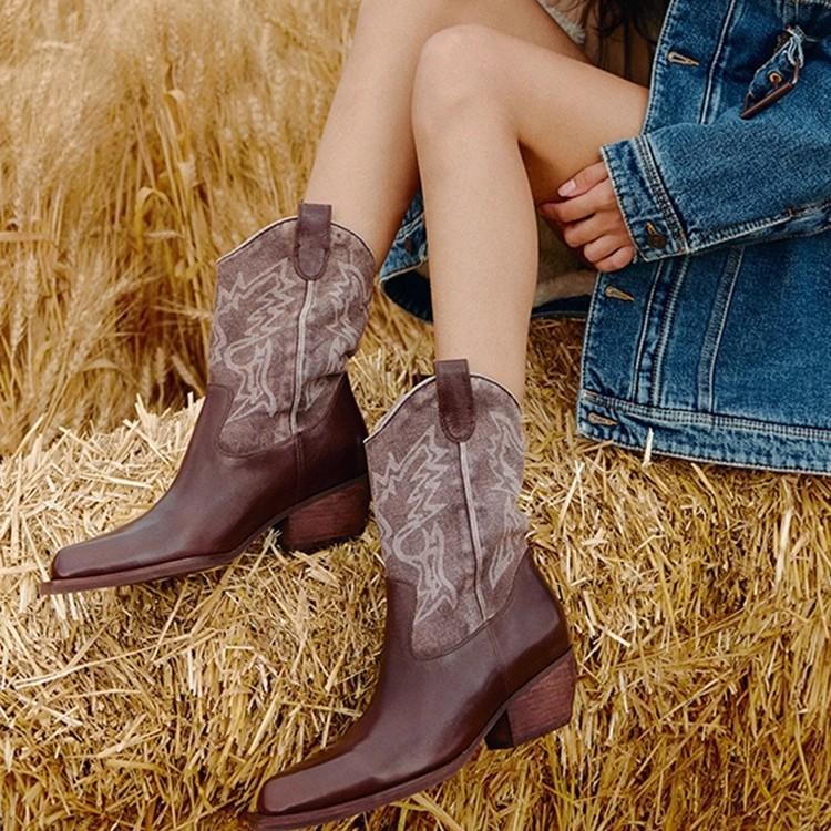 Cowhide Version~ 2025 Genuine Leather Retro V-mouth Small Square Head Western Cowboy Boots Retro Short Boots Embroidered Pointed Middle Boots