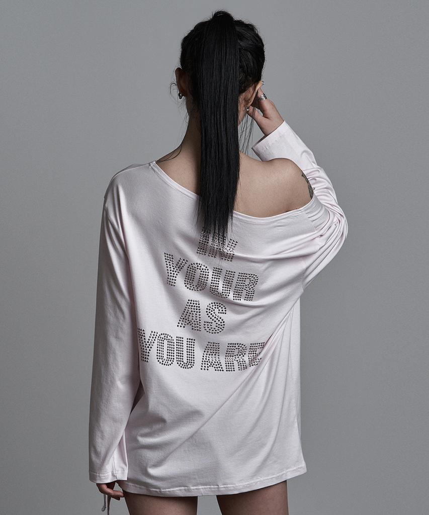 Aejeuyua Cross Line Off-Shoulder T-Shirt Pink