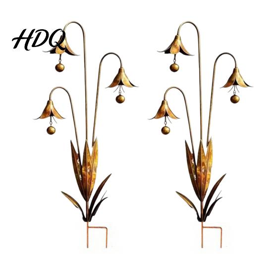 Outdoor Metal Plant Stake Calla Lily Garden with Bells 24 Inch Triple Flower Wind Chime Terrace Accessory Weatherproof Iron Ornament for Patio Lawn