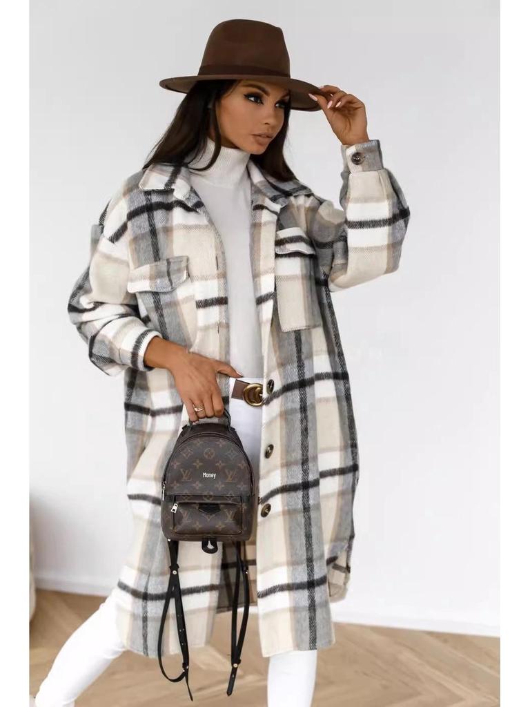 Veste chemise à carreaux à manches longues pour femmes - Haut mi-long Automne/Hiver 2023