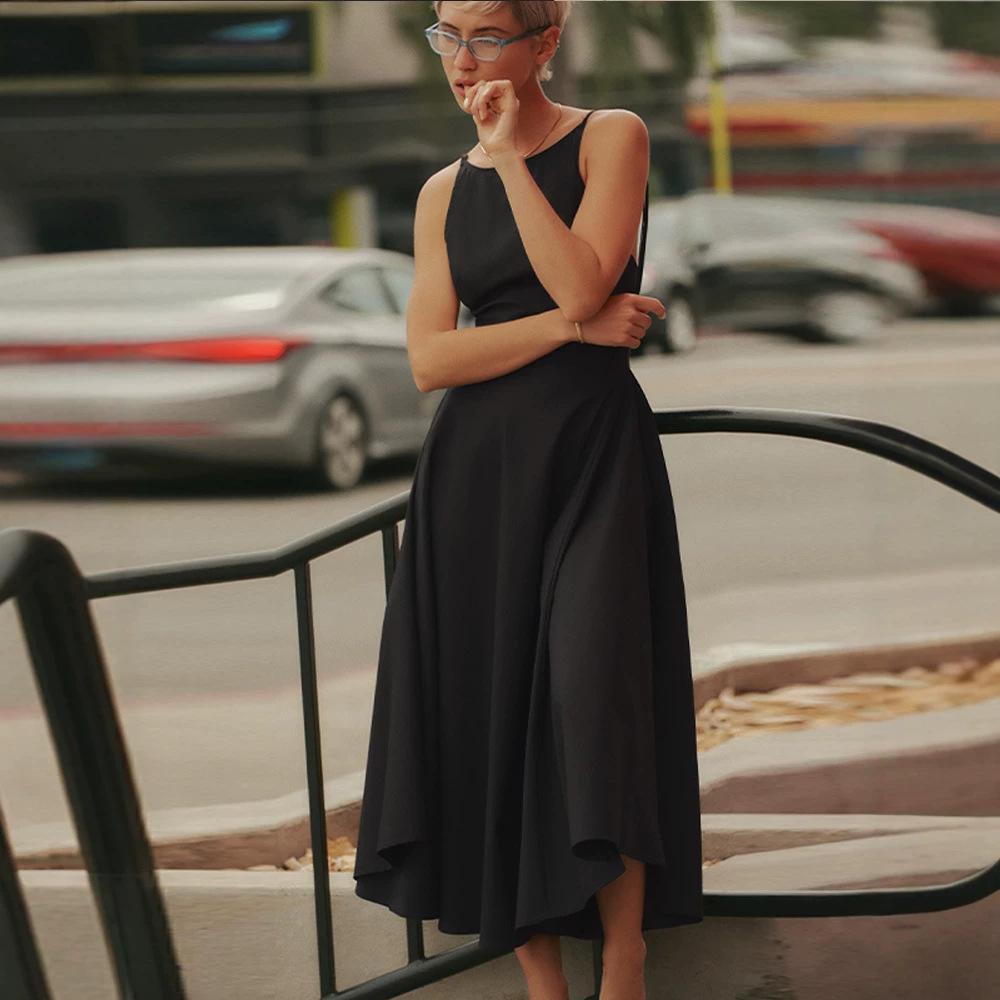 Real Shot Foreign Trade Summer New Fashion Long Dress Women's Clothing Lace-up Solid Color Waist Backless Suspender Dress
