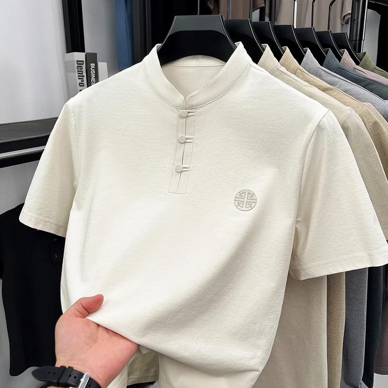 

Men s Stand Up Collar Short Sleeve T-Shirt Casual Chinese Style Button Shirt S бежевый