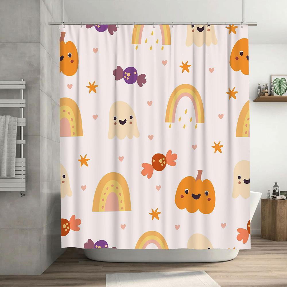 Adorable Ghost Candy Shower Curtain Halloween Decorative Bathroom Hanging Fabric Pink Rainbow Pumpkin Blue Orange Cartoon Style