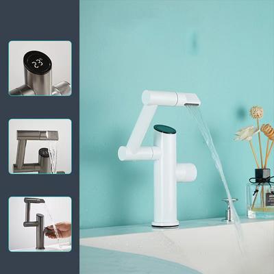 White Intelligent Digital Display Basin Faucet Brass 360° Folding Rotation Hot and Cold Water Mixer Sink Tap Multifunctional