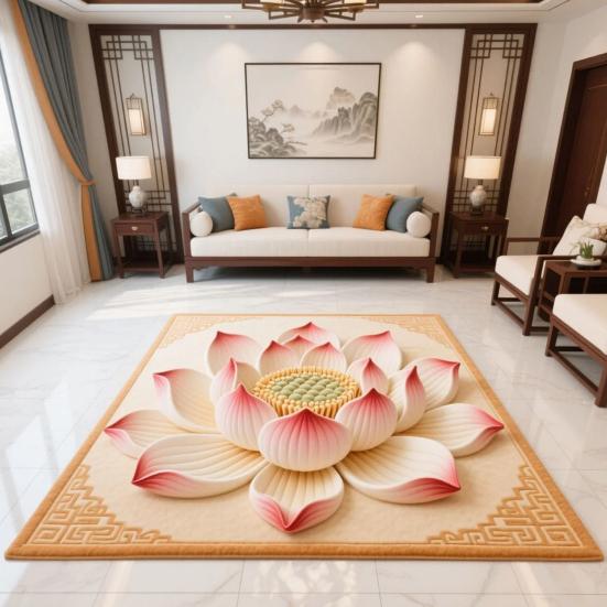 Yousheng Lotus Area Rug Non-slip Washable Flower Indoor Floor Mat Chinese Style Lotus Carpet Living Room Bedroom Office Home Decoration