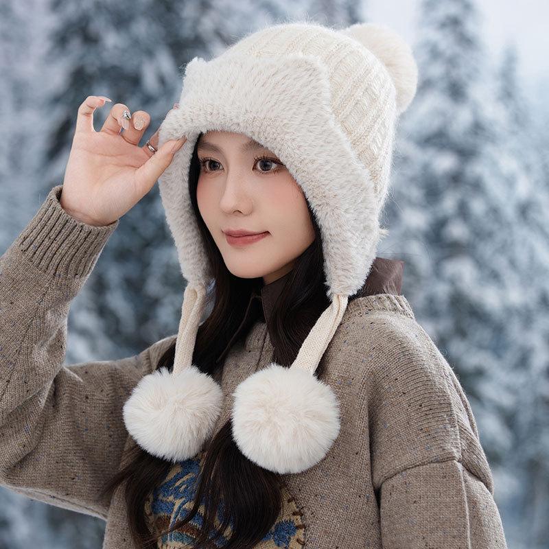 New Fleece Warm Knitted Hat Autumn and Winter Thickened Pullover Ear Protector Wool Fleece Hat Women's Hairball Hat