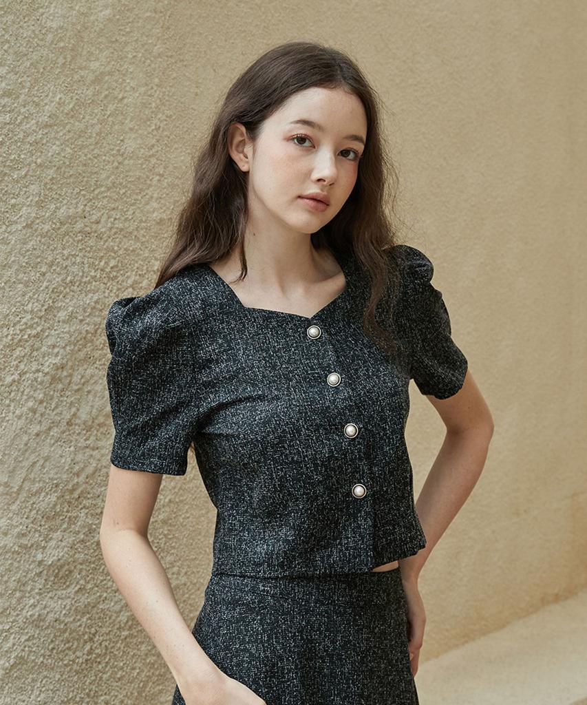 BIBYSEOB [Set] Heartneck Tweed Blouse + Tweed A-Line Long Skirt Black