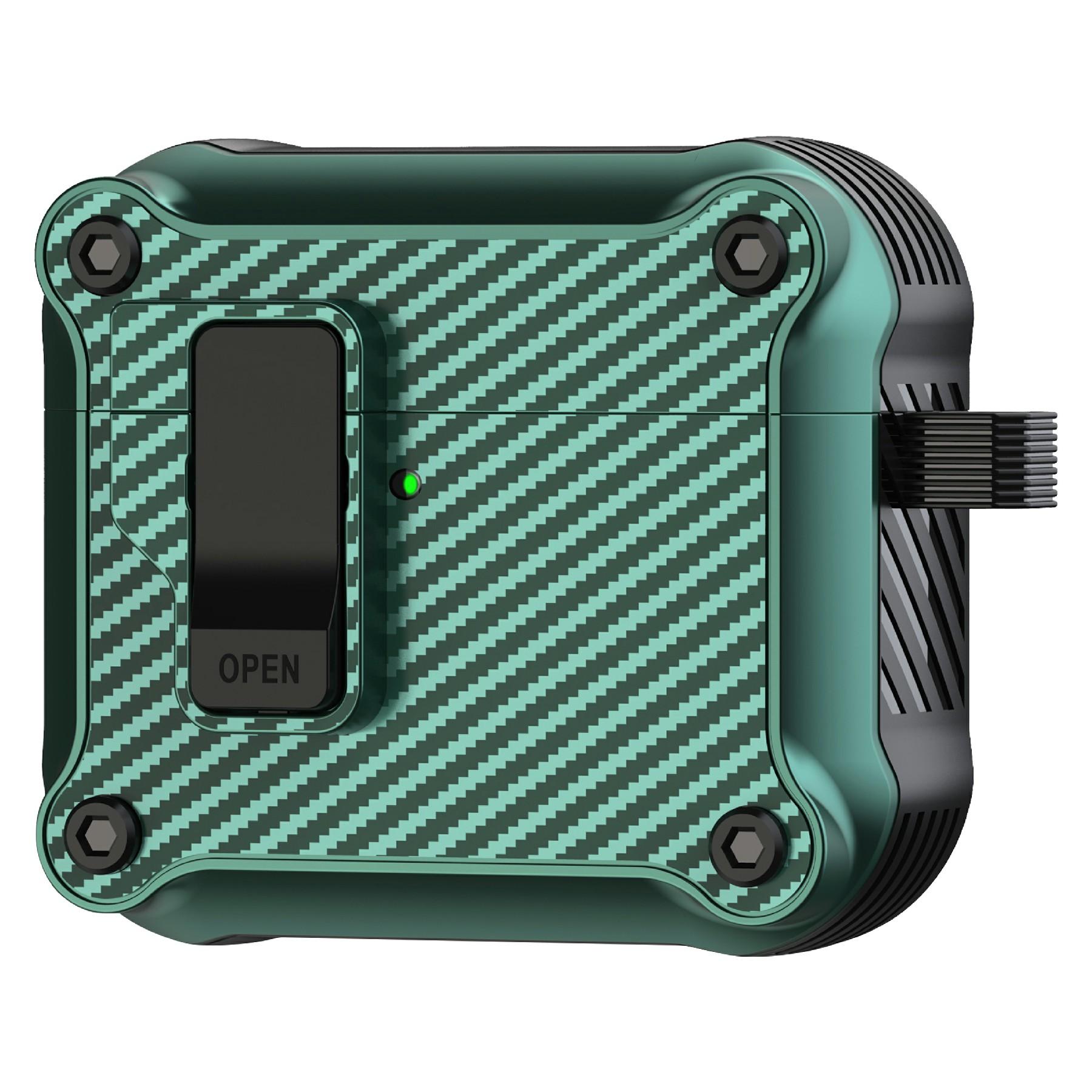 

For AirPods 4 Case TPU+PC Carbon Fiber Texture Bluetooth-compatible Earbuds Cover with Carabiner F