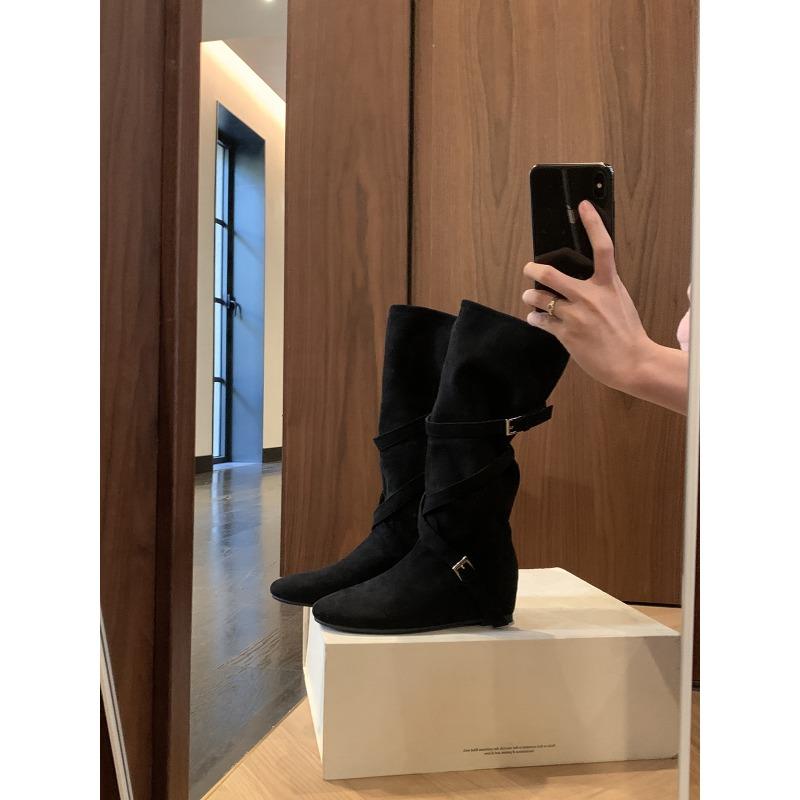 Cowhide version inner height increase cm knight boots women's cross buckle pleated long boots slim medium boots