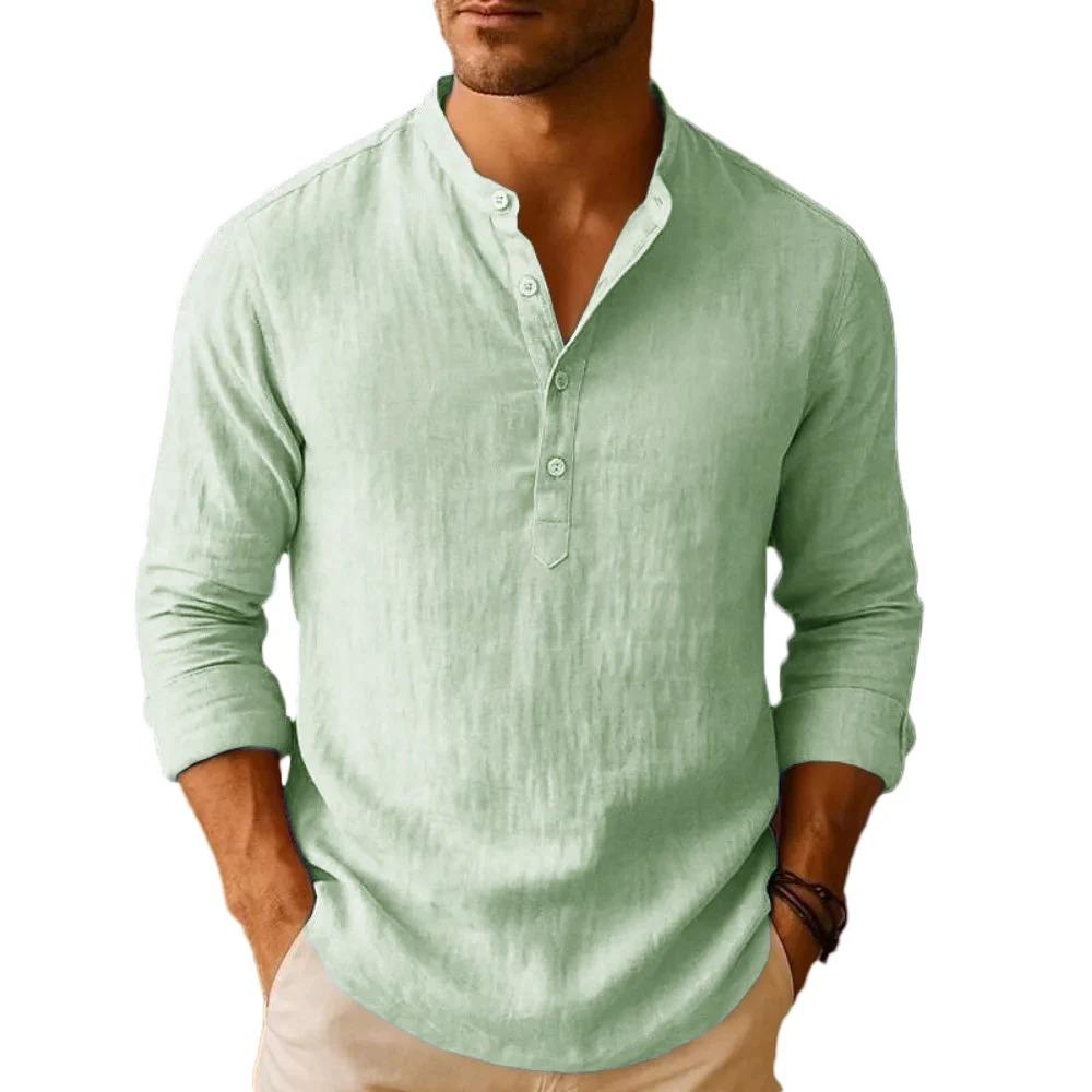 Lightweight Summer Linen Blend Henley Shirt for Men - Breathable Long Sleeve Casual Solid Color Button Tops