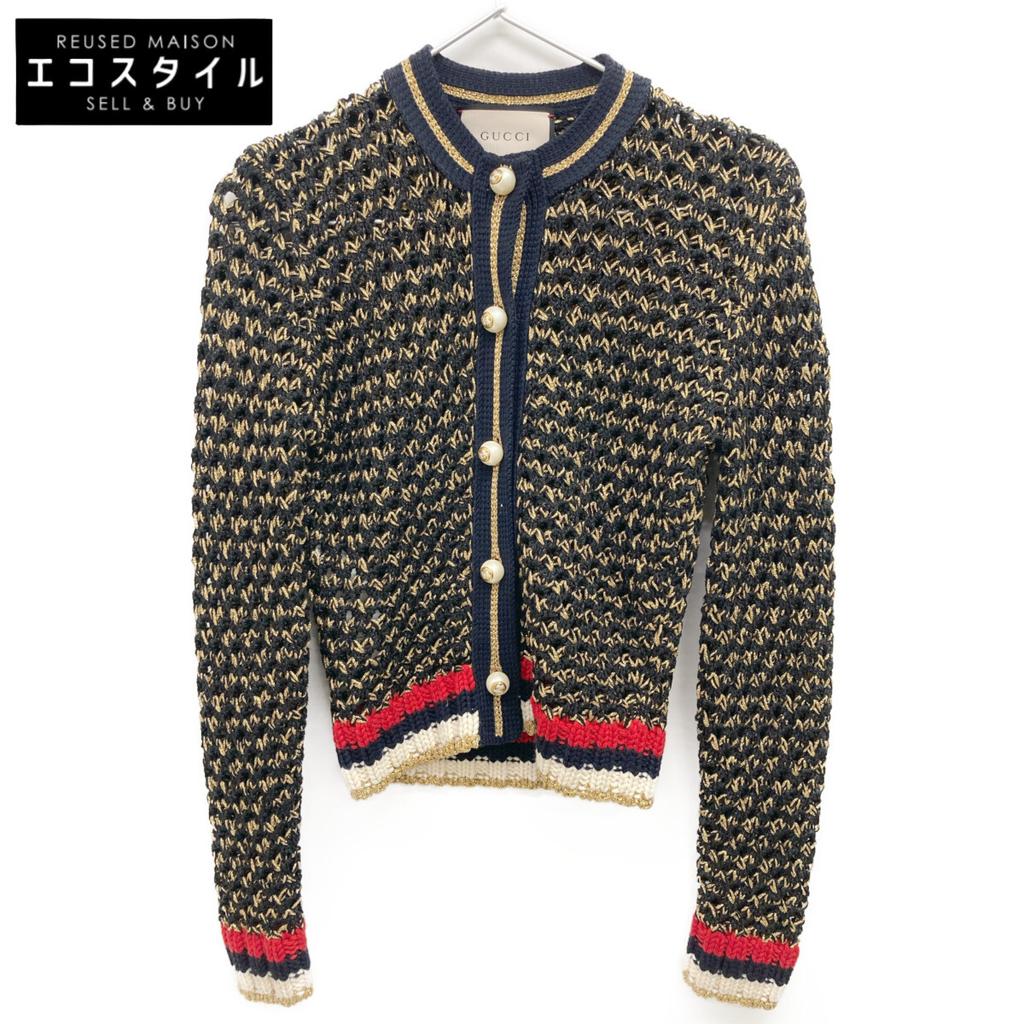 GUCCI 411532 Gold x Multicolor Interlocking G Pearl Button Lame Knit Cardigan tops S multicolorUsed