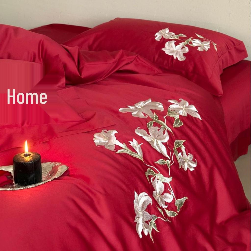 Centennial Harmony 100S Long-Staple Pure Cotton Red Sateen Wedding Bedding Set: Four-Piece for Bride's Dowry
