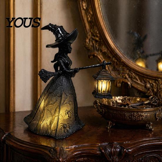 Retro Halloween Party Supplies Witch Holding Lantern Light, with Spider Web Pattern Decor, Glowing Secret Room Atmosphere Gothic Style Resin
