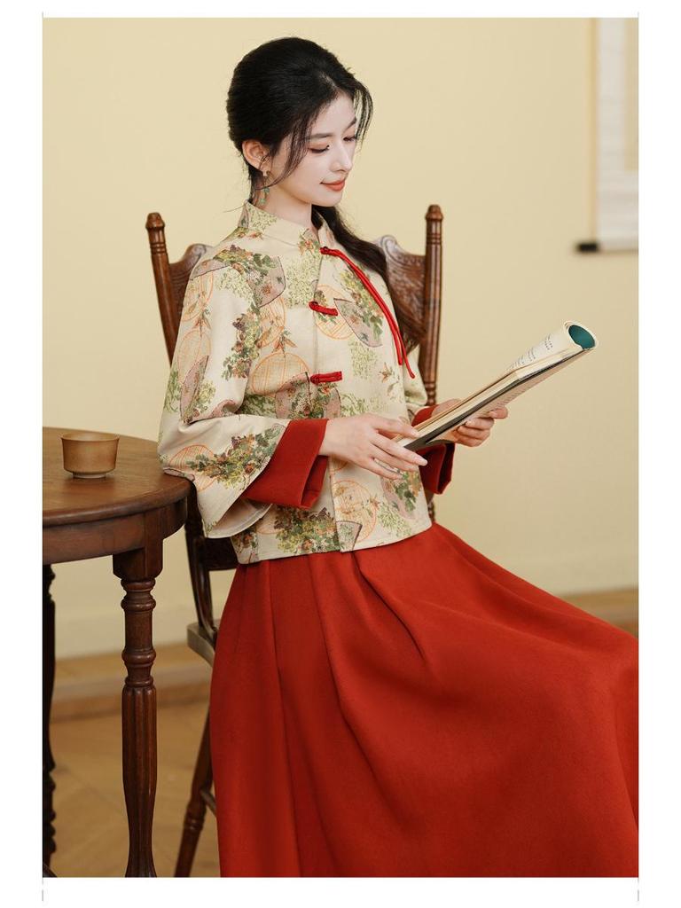 Damen Retro Chinesischer Stil Tang Anzug Cheongsam Oberteil & Hanfu Set – Herbst/Winter Teeanzug