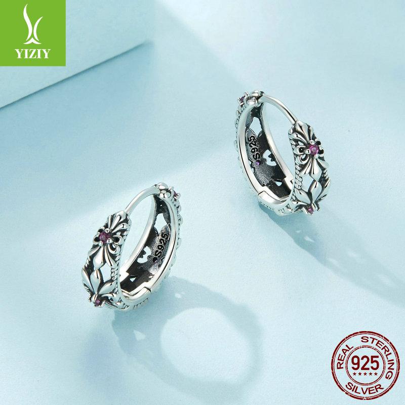 Lila Iris Retro Ohrbügel Damen, Mysteriös Elegantes Muster S925 Sterlingsilber Ohrringe