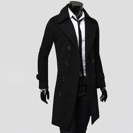 Long Trench Coat Double-breasted Solid Color Autumn Winter Windproof Thick Jacket for Daily Wear
