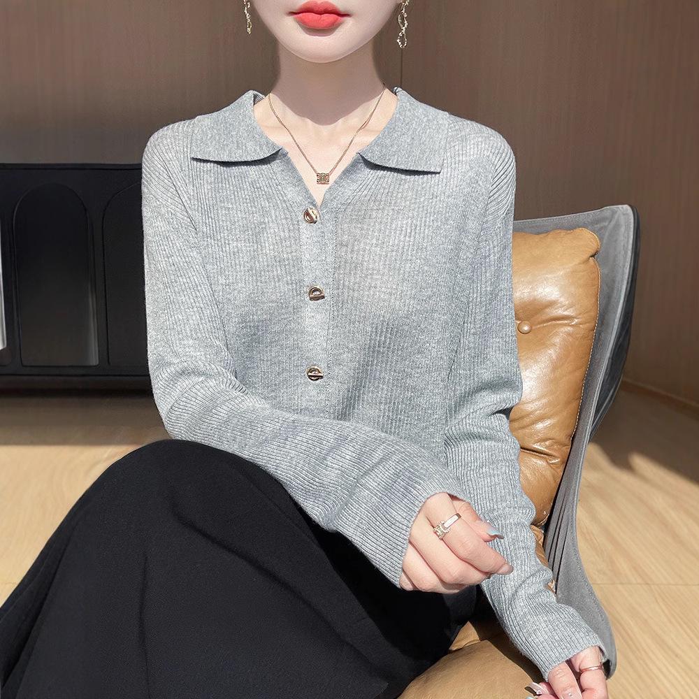 

Women s Soft Knit POLO Collar Cardigan - Spring Innerwear, Slim-Fit Business Casual Top M (suitable for 90-110 jin) оливковое зеленый