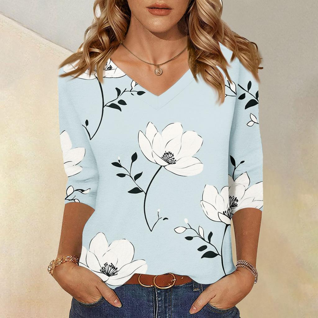 Women's Tops Three-quarter Sleeve Shirt V-neck Loose Casual Shirt Floral Printed T-shirt
