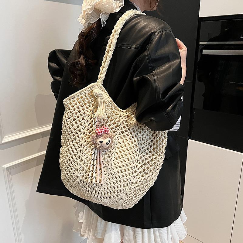 Hand-woven cotton thread crochet hollowed tassel shoulder strap casual vacation single shoulder women's tote bag