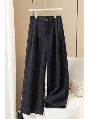 Women's Deep Gray Wool Blend Wide-Leg Pants - Autumn/Winter Drape Loose Casual Thick Long Pants