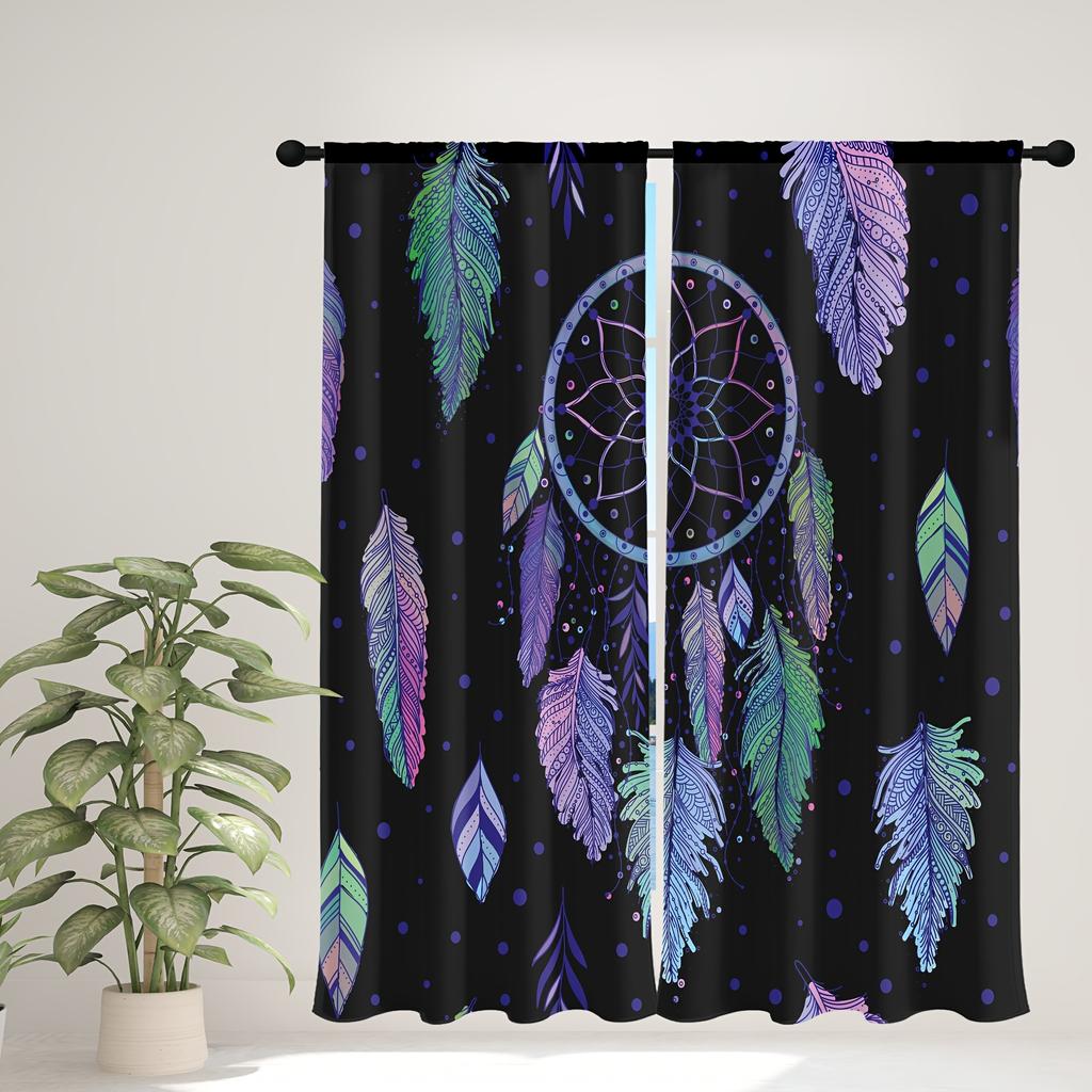 2 Panels Boho Dreamcatcher Semi Blackout Window Curtains For Study Bedroom Kitchen Living Room Playroom Office Home Decoration