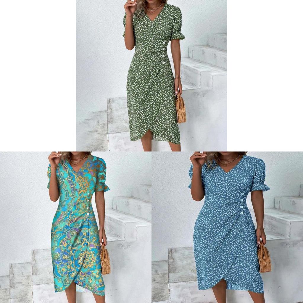 Geometric Pattern Short Sleeve Dress With 3d Digital Printing For Summer Casual Wear