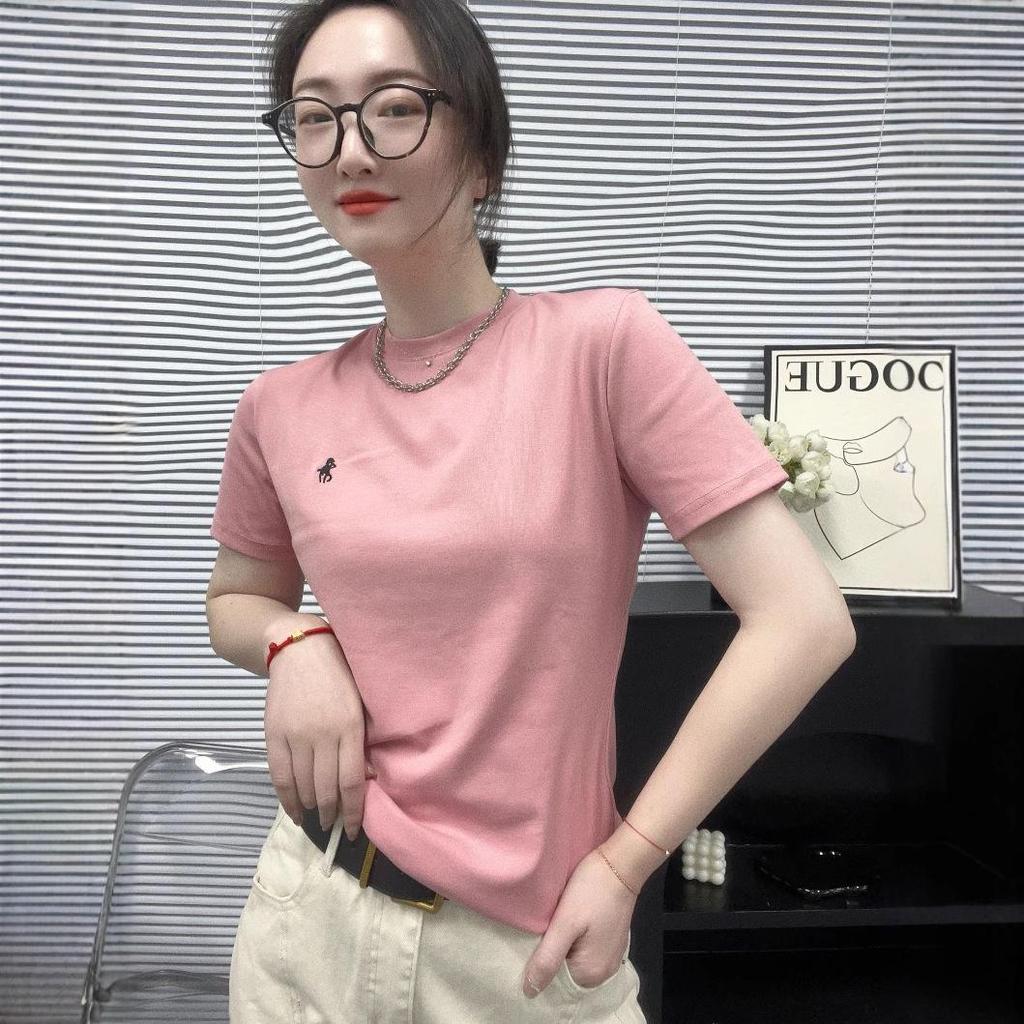 Women's Spring 2025 Embroidered Round Neck Slim Short Sleeve Top