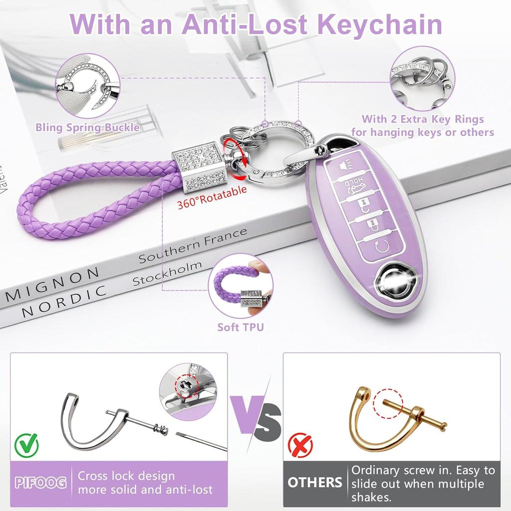 PIFOOG Key Fob Cover For Nissan 5 Button Purple With Bling Keychain Girly Car Keys Case Shell Full Covers Protector Accessories For Altima Sentra
